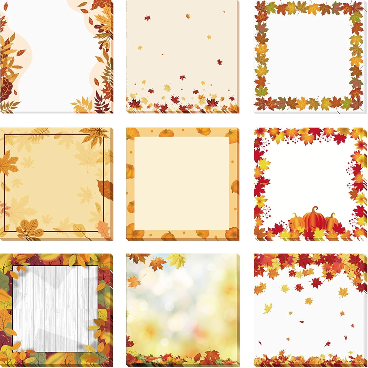9 Pieces Fall Sticky Notes 3x3 Inch Cute Fall Pumpkin Maple Leaf Note Pads Adesive Memo