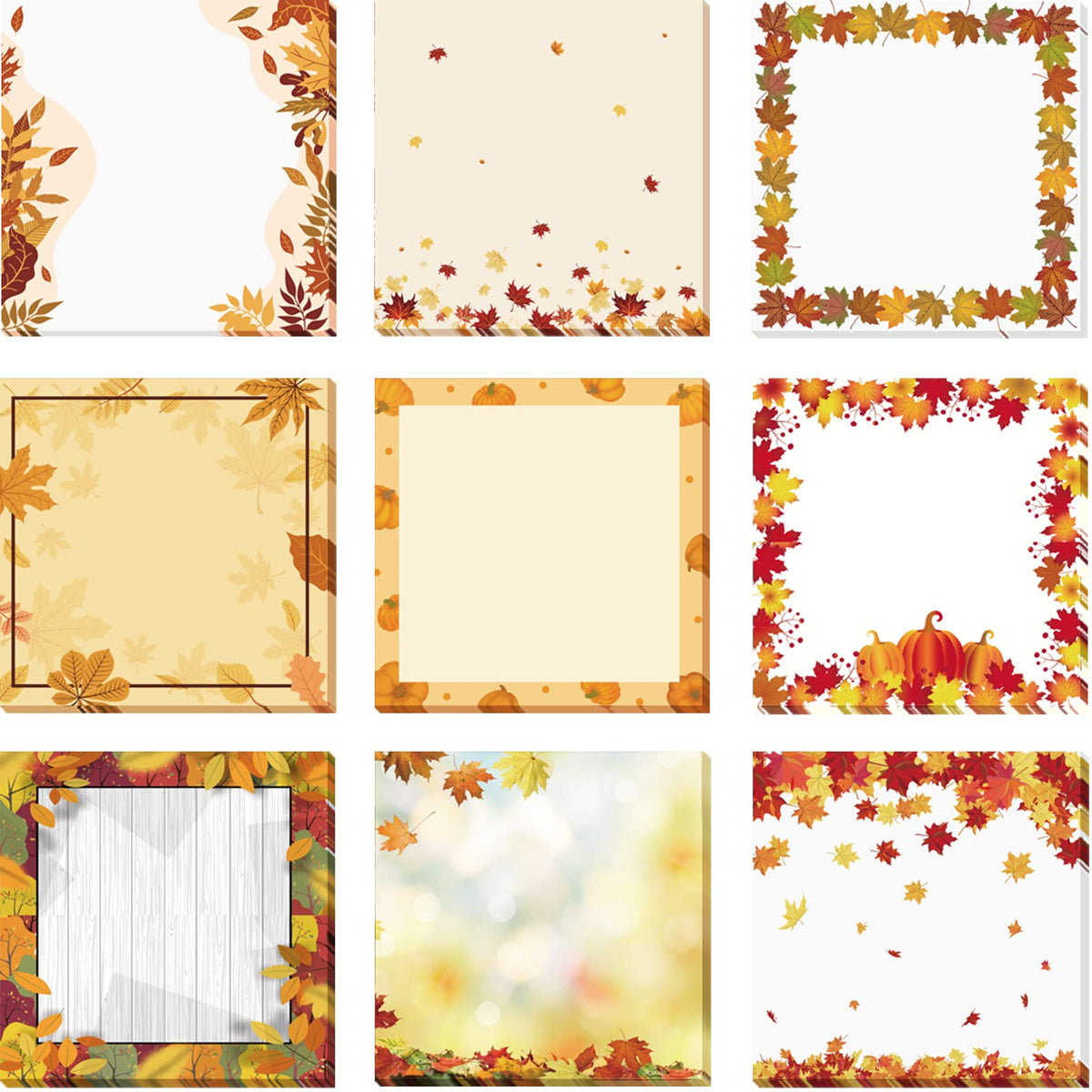 9 Pieces Fall Sticky Notes 3x3 Inch Cute Fall Pumpkin Maple Leaf Note Pads Adesive Memo