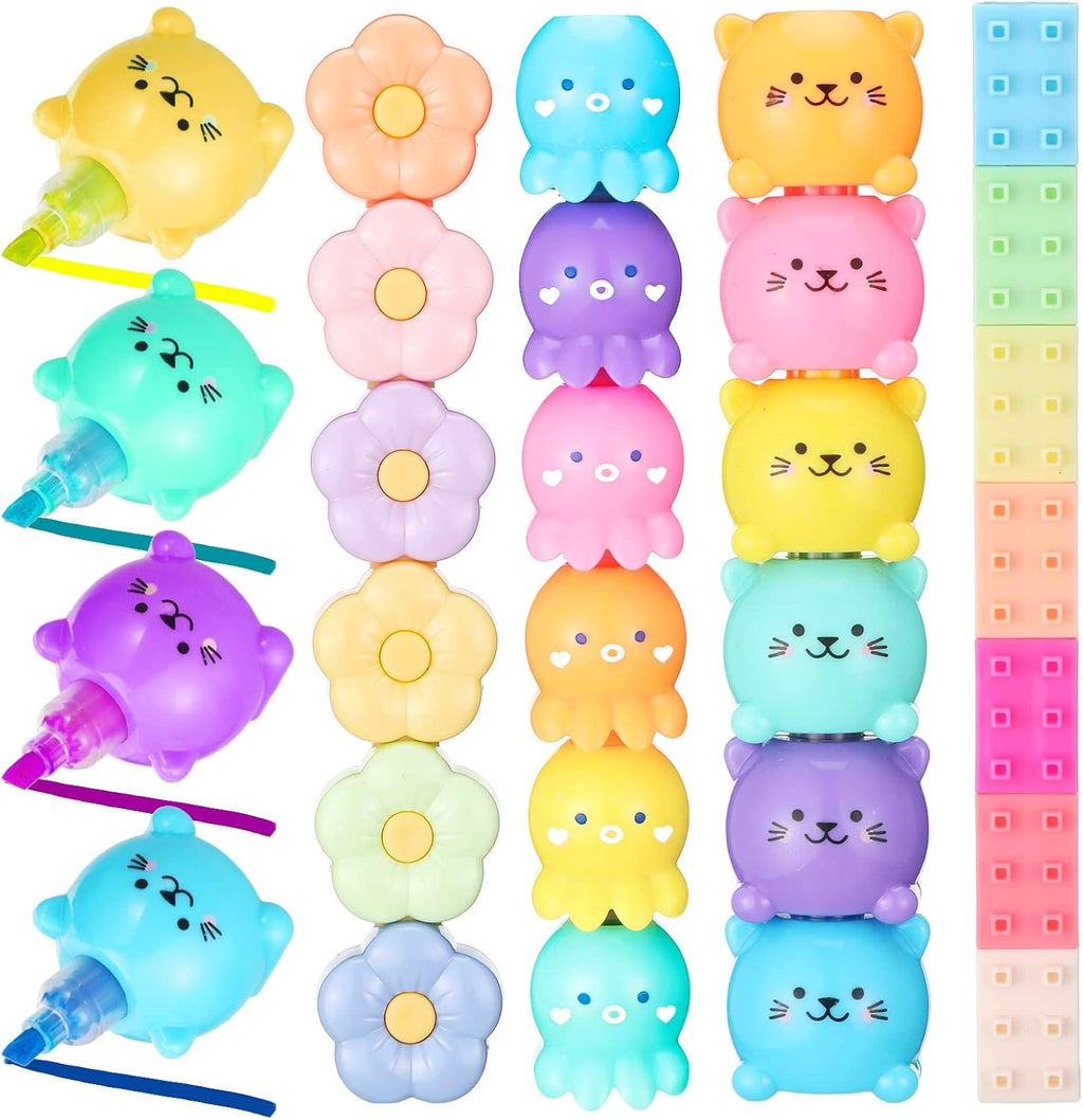 Teling 20 Pcs Cute Mini Highlighter Pens, Octopus, Blocks, Cat, Flower