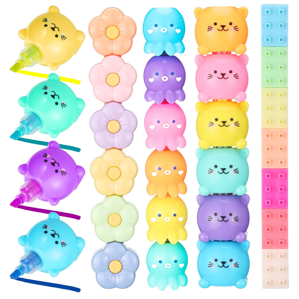 Teling 20 Pcs Cute Mini Highlighter Pens, Octopus, Blocks, Cat, Flower