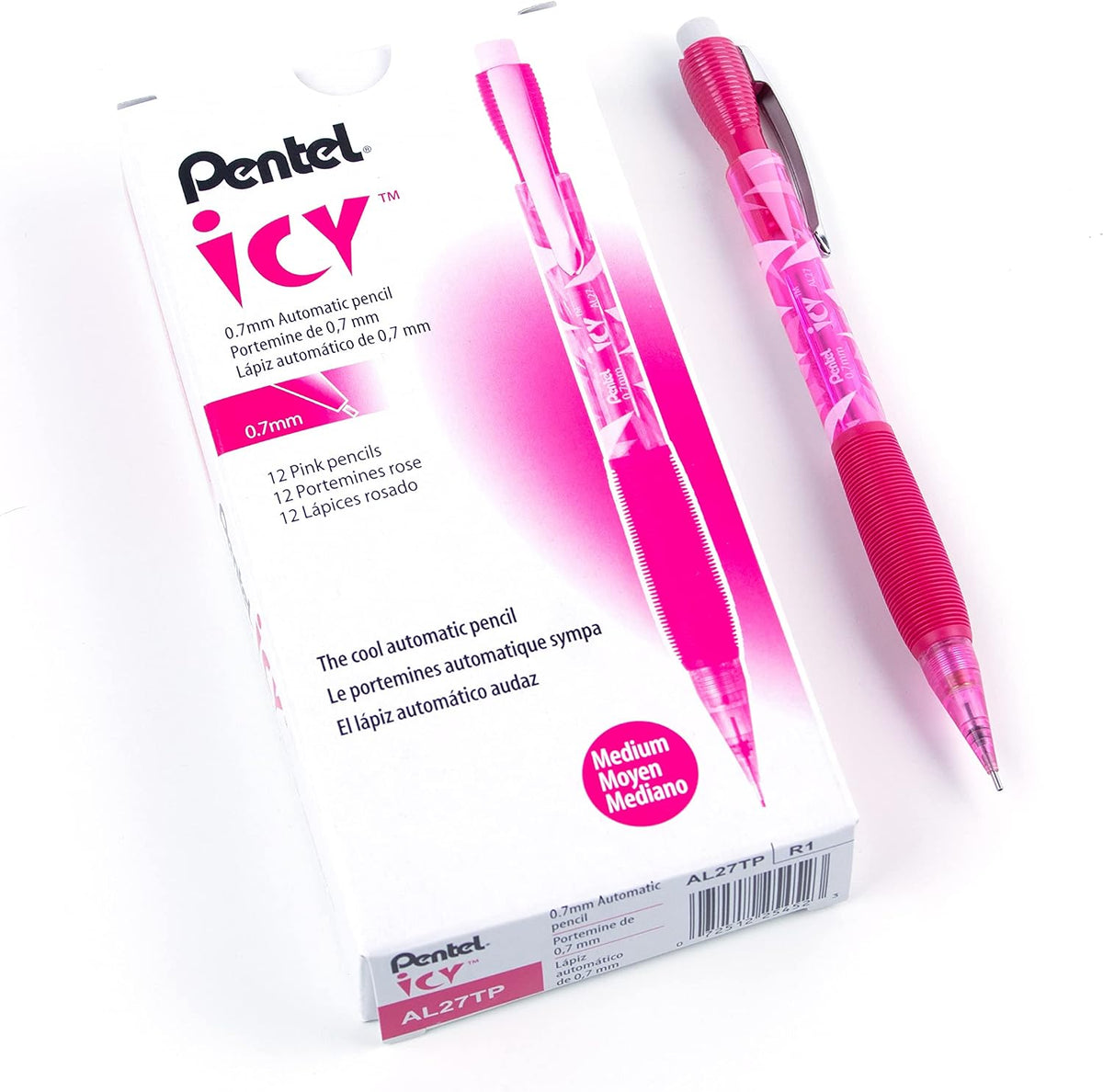Pentel Icy Mechanical Pencil, 0.7mm, Tinted Pink Barrel, Box of 12 (AL27TP)