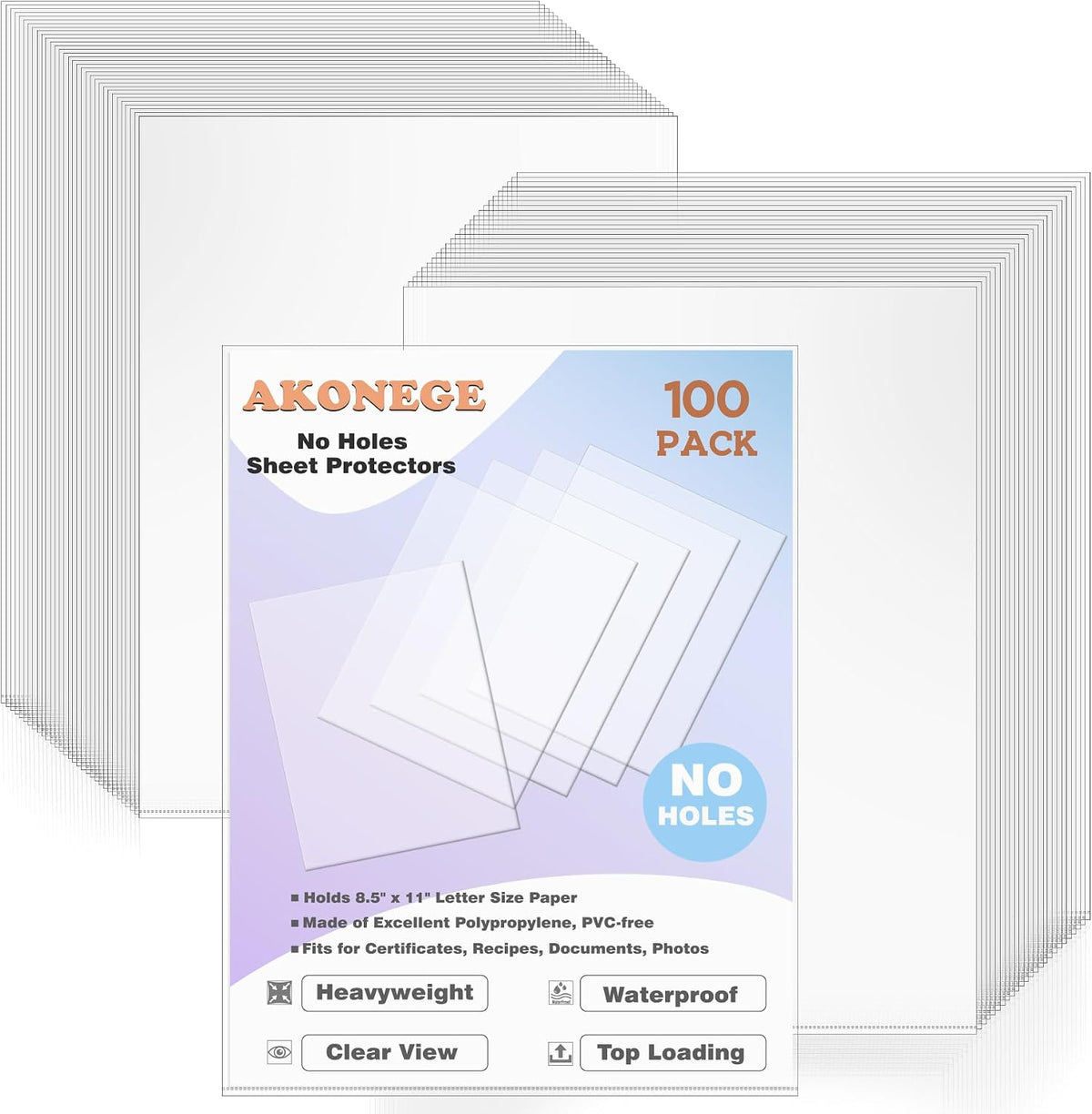 AKONEGE 100 Pack No Holes Sheet Protectors 8.5 x 11 Inch Letter Size Page Protectors for
