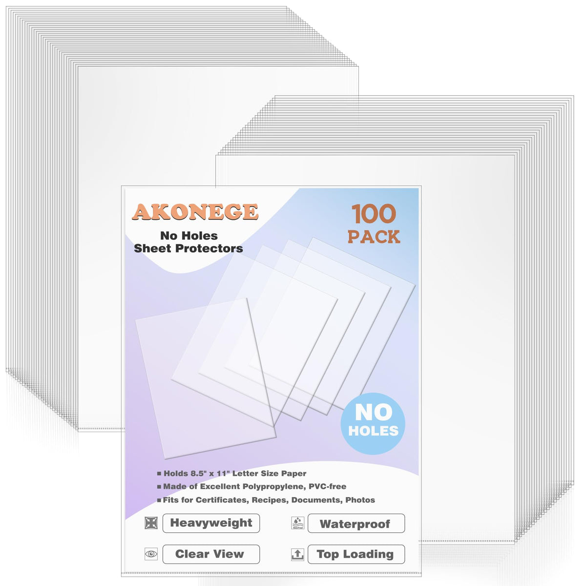 AKONEGE 100 Pack No Holes Sheet Protectors 8.5 x 11 Inch Letter Size Page Protectors for