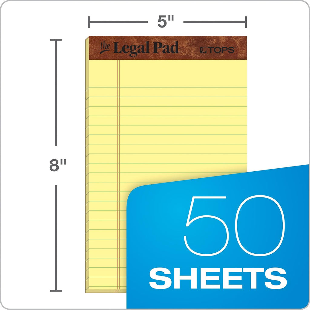 TOPS The Legal Pad Writing Pads, 5" x 8", Jr. Legal Rule, Canary Paper, 50 Sheets