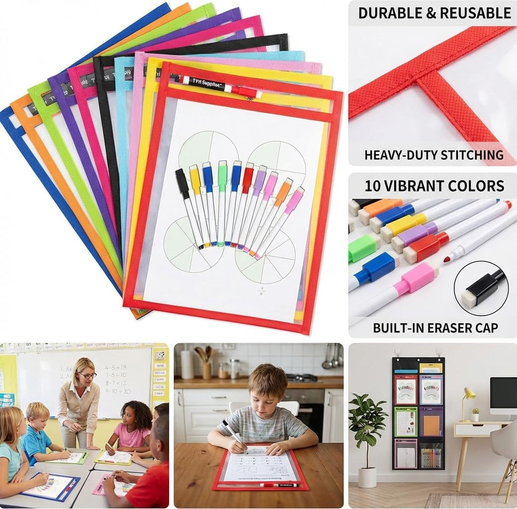 Dry Erase Pockets, 10 Pack Oversized 10 x 14 Reusable Sleeves for 8.5 x 11 Worksheets