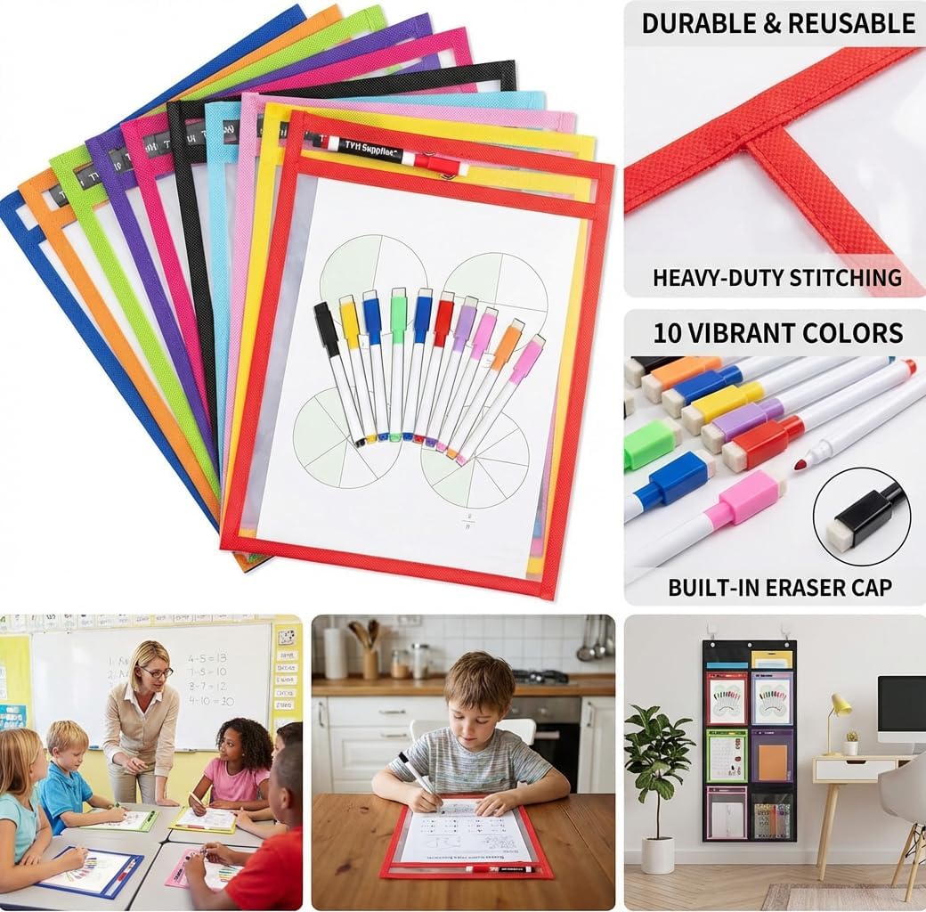 Dry Erase Pockets, 10 Pack Oversized 10 x 14 Reusable Sleeves for 8.5 x 11 Worksheets