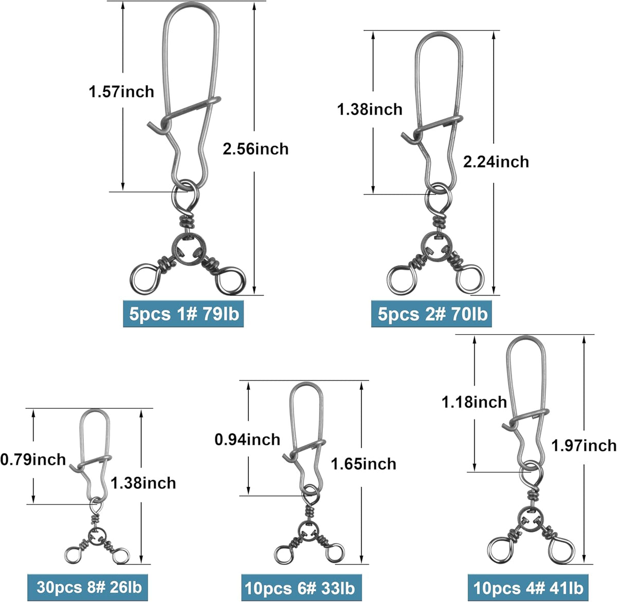 3 Way Snap Swivels 60PCS Fishing Swivel Tackles with Stainless Steel Duo Lock Snaps