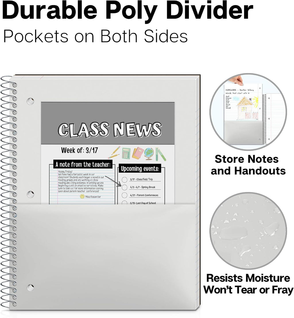 Dunwell 3-Subject Spiral Notebook, Wide Ruled, 150 Sheets, Black