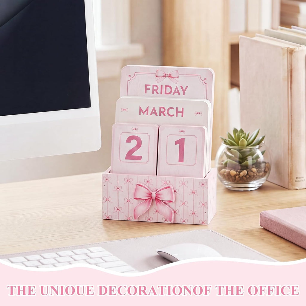 Novabright Bow Wood Block Perpetual Calendar,Desk Decor, Pink