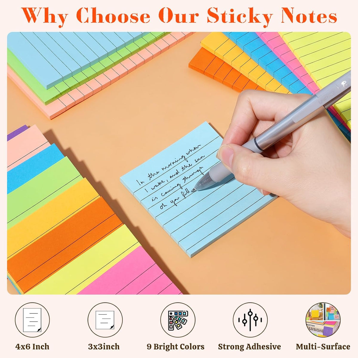 18 Pack Lined Sticky Notes, 9 Bright Colors Self-Stick Note Pads