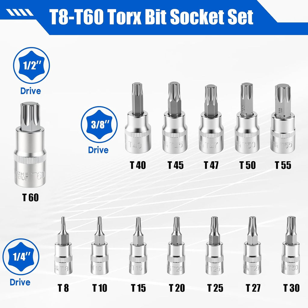 13-Piece Torx Bit Socket Set, T8-T60 Star Bit Sockets