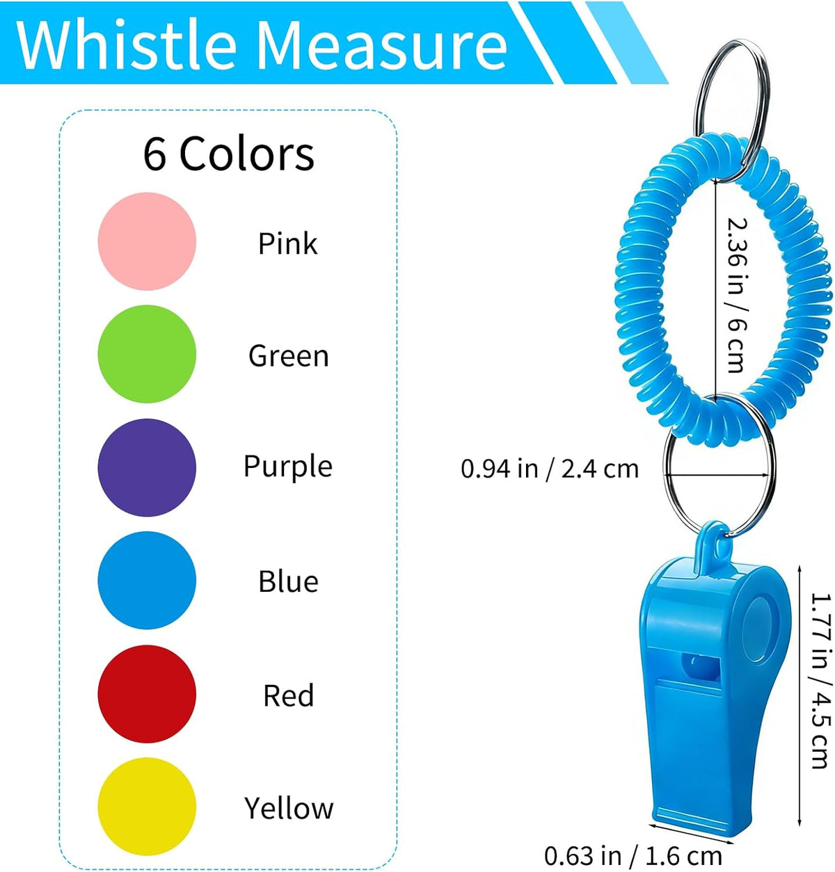 30 Pack Sport Whistle with Bracelet, Bulk Whistle Keychain 6 Colors