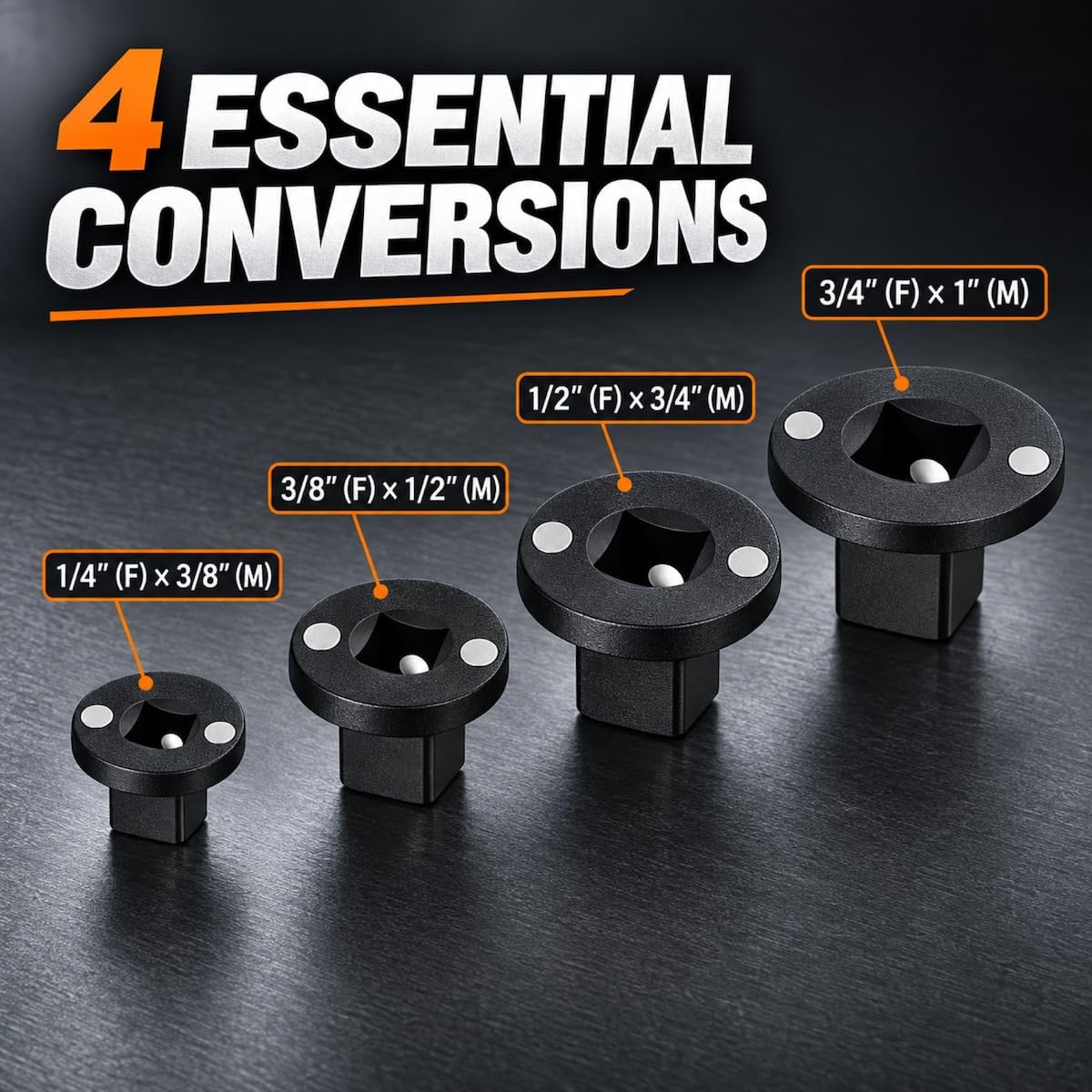 4-Piece Low Profile Impact Socket Adapter Set, 1 in to 1/4 in, CR-V Steel