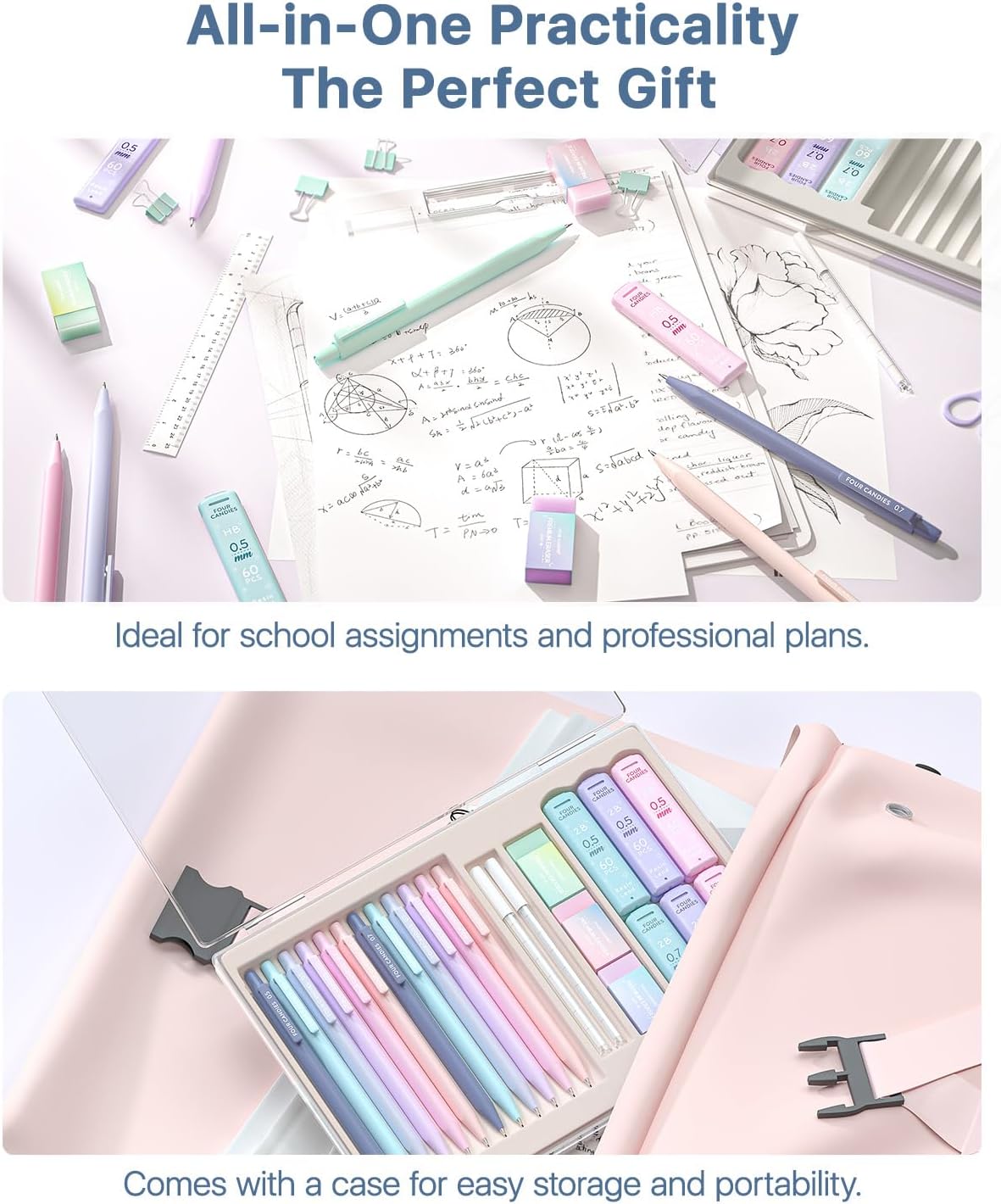 Four Candies Cute Mechanical Pencil Set, 0.5mm & 0.7mm Point, 12-Count Pack
