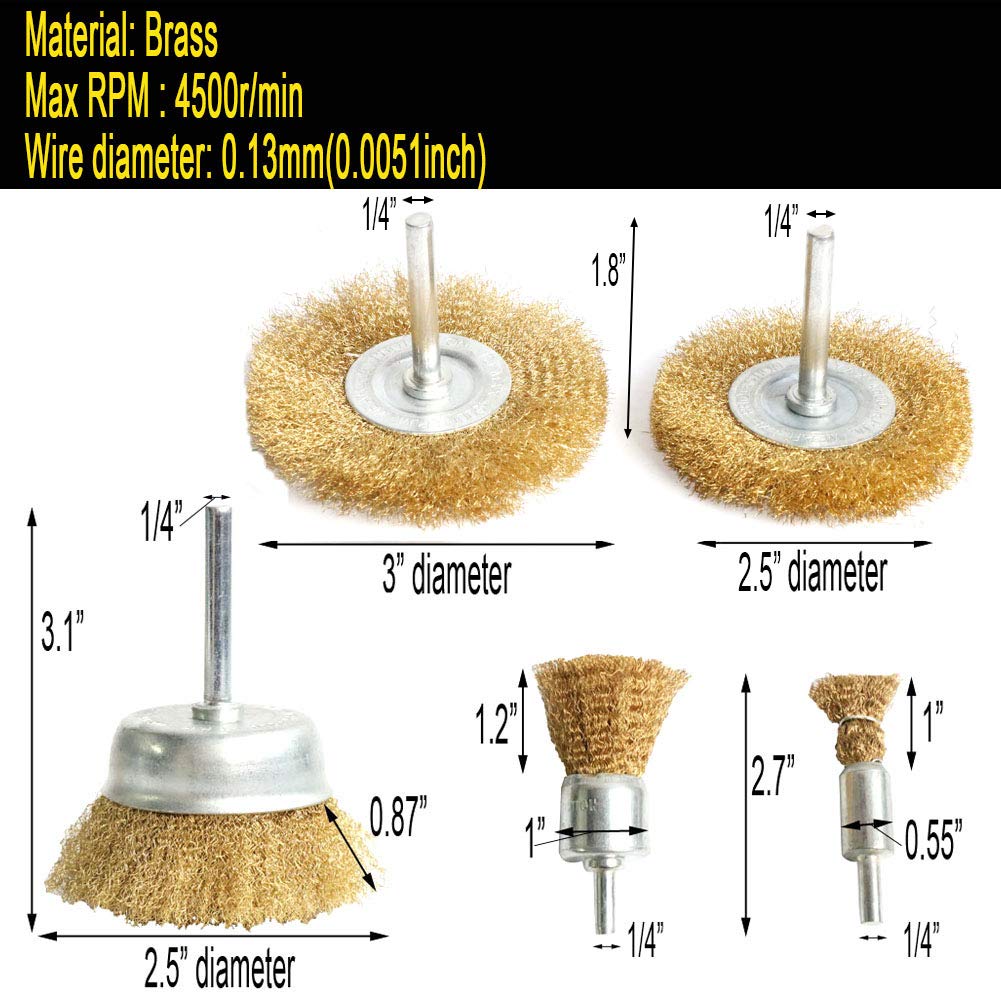 FPPO 5pcs Brass Wire Wheel Brush Kit for Drill,Crimped Cup Brush with 1/4-Inch Shank