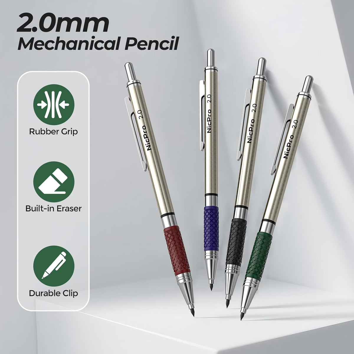Nicpro 2.0 mm Mechanical Pencils Set, 4PCS Metal Mechanical Drawing Pencil