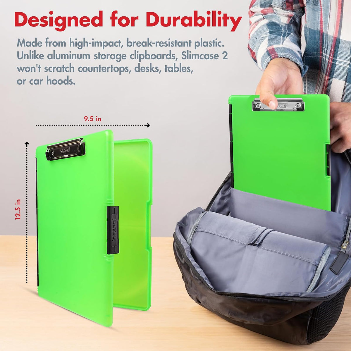 Dexas Slimcase 2 Plastic Clipboard with Storage and Side Opening, Neon Green