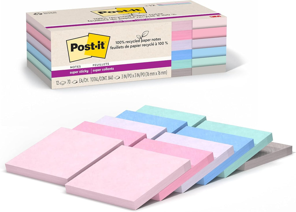 Post-it 100% Recycled Paper Super Sticky Notes, 2X the Sticking Power, 3x3 in
