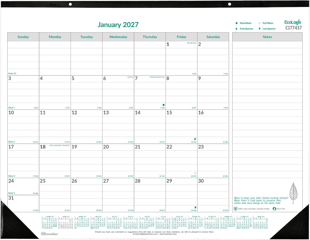 Brownline® 2027 EcoLogix® Monthly Desk Pad Calendar, 12 Months, January to December