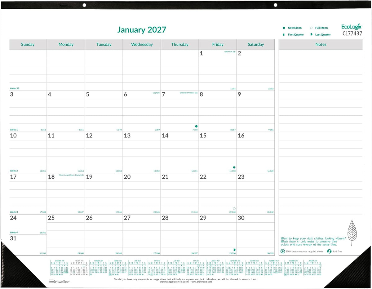 Brownline® 2027 EcoLogix® Monthly Desk Pad Calendar, 12 Months, January to December