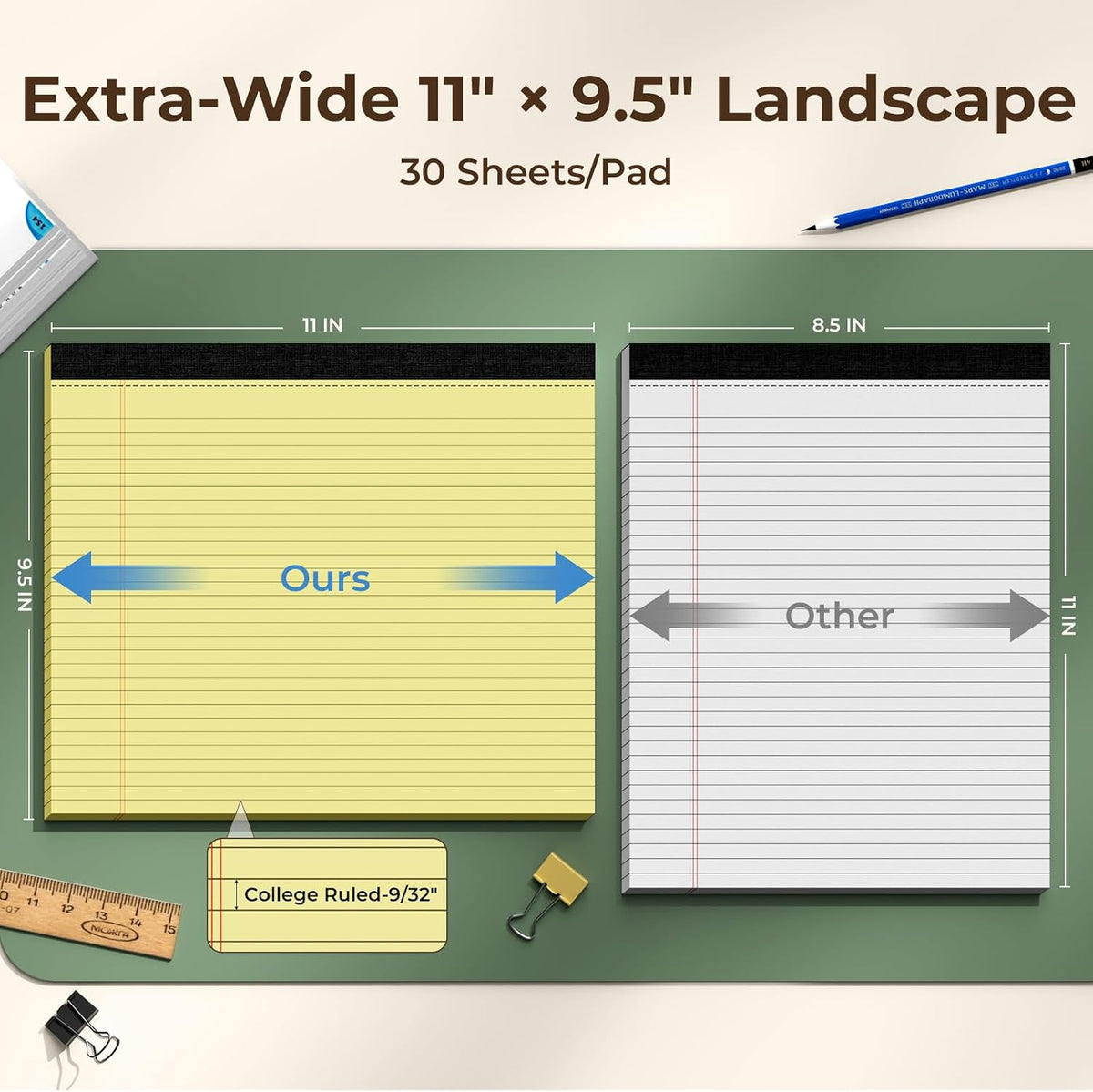 6 Pack Landscape Legal Pads 11x9.5, College Ruled Narrow Rule, Perforated