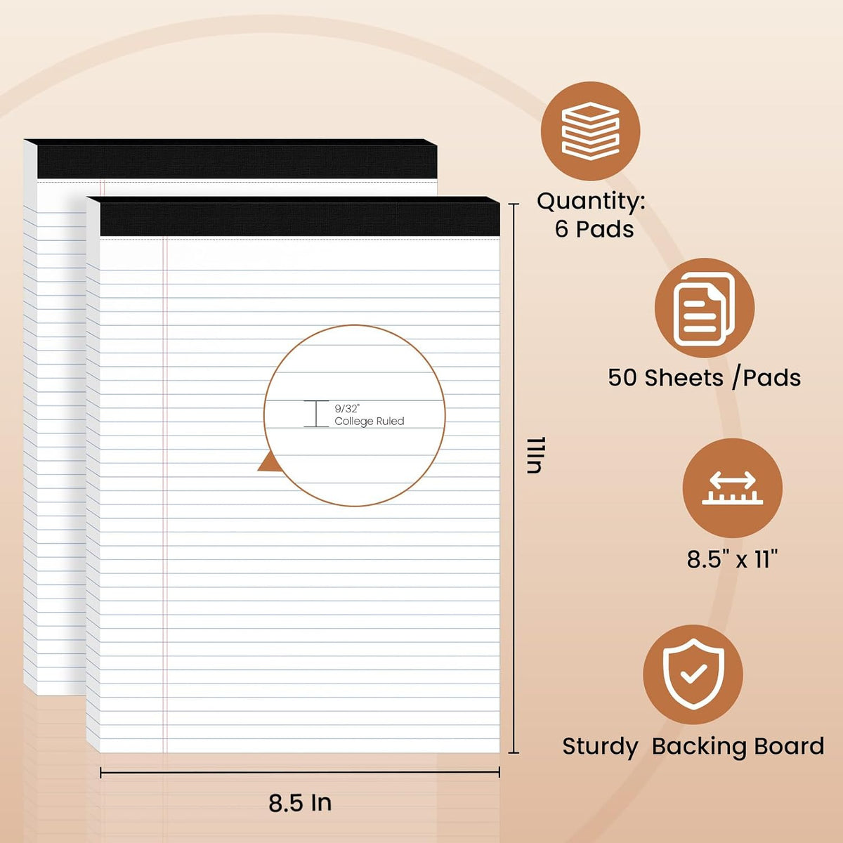 6pcs Legal Pads 8.5 x 11, Perforated White Notepad 8.5x11, 50Sheets/Pad