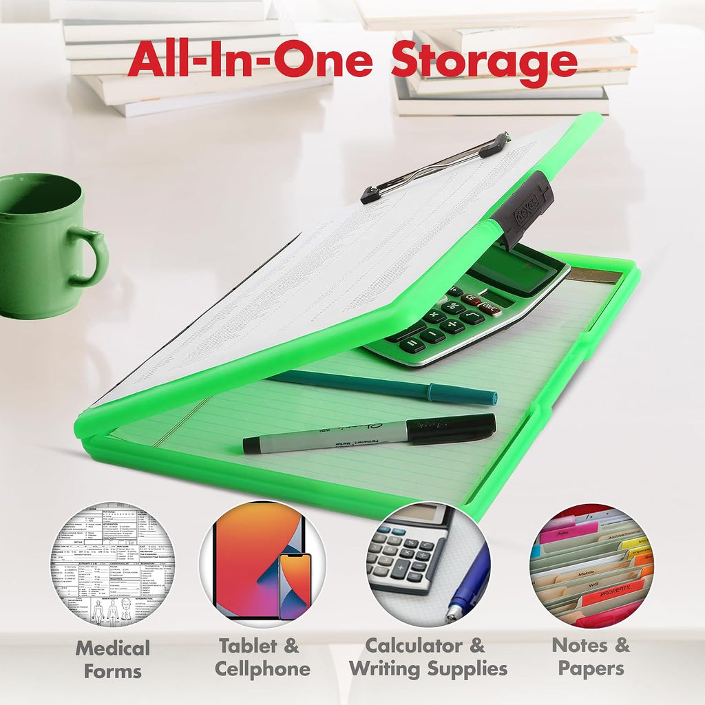 Dexas Slimcase 2 Plastic Clipboard with Storage and Side Opening, Neon Green