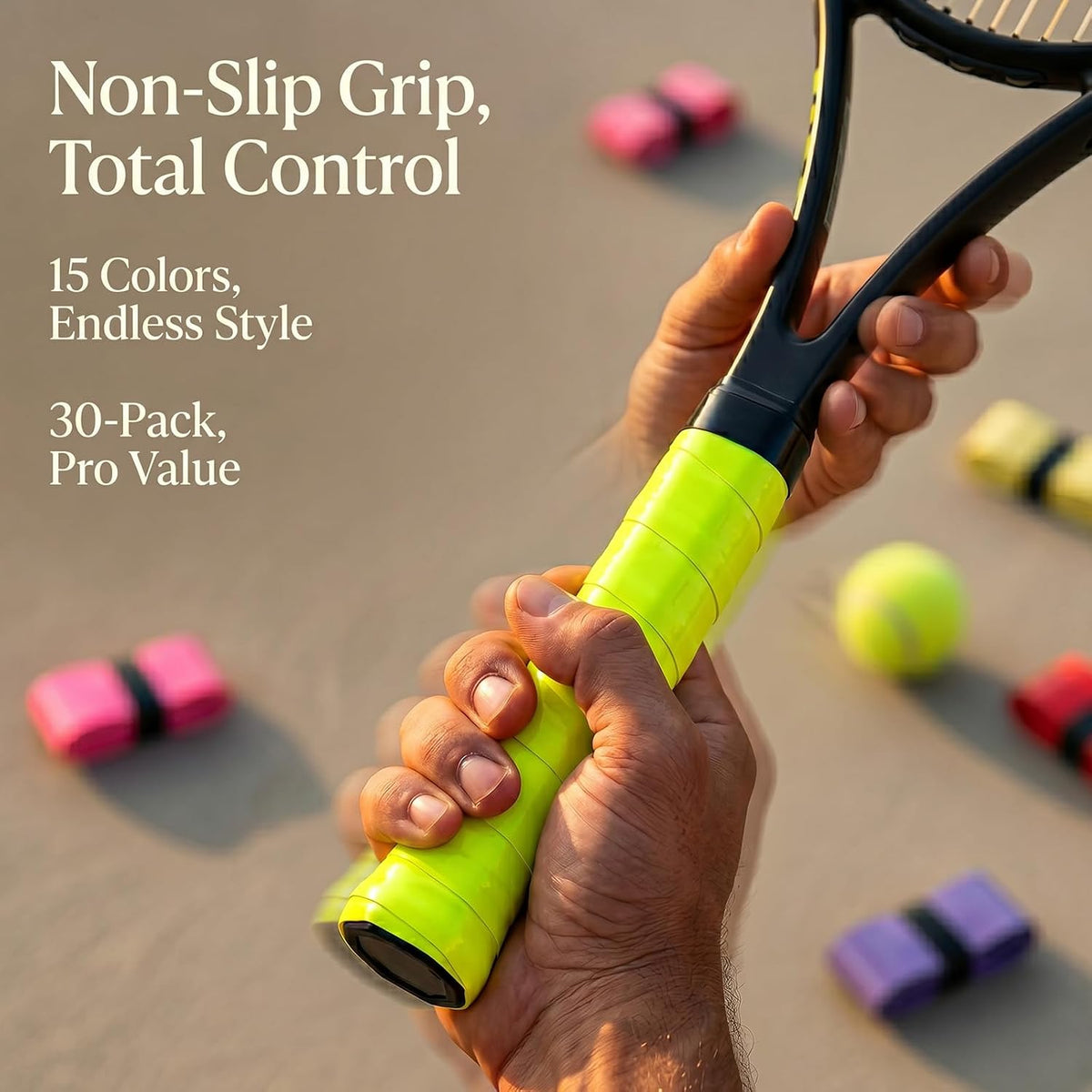 30Pcs-Tennis Overgrip Tape, 43 Inch – 15 Colors PU Non-Slip Racquet Grip Wrap