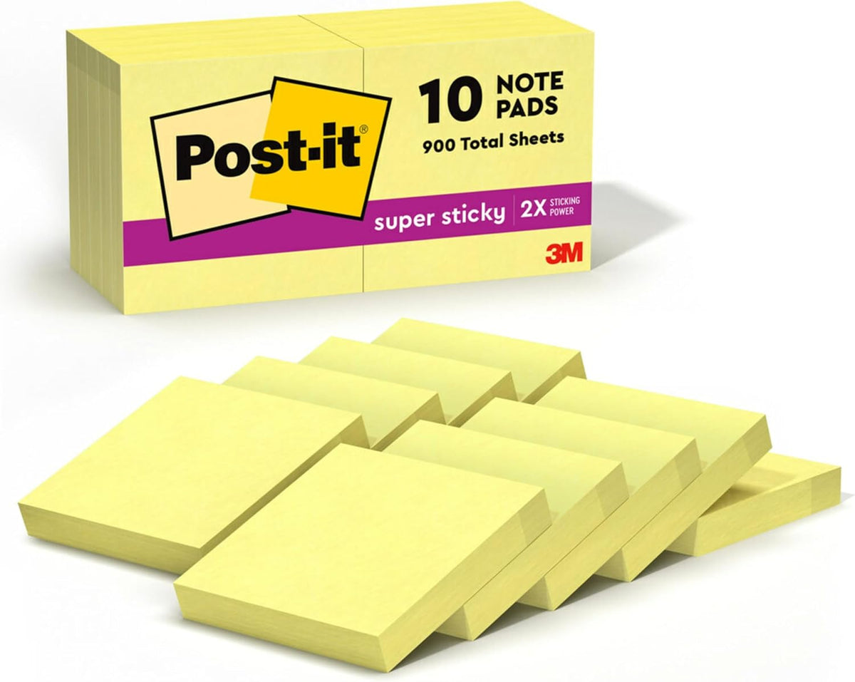 Post-it Super Sticky Notes, 2 in x 2 in, 10 Pads, 2X Sticking Power, Canary Yellow
