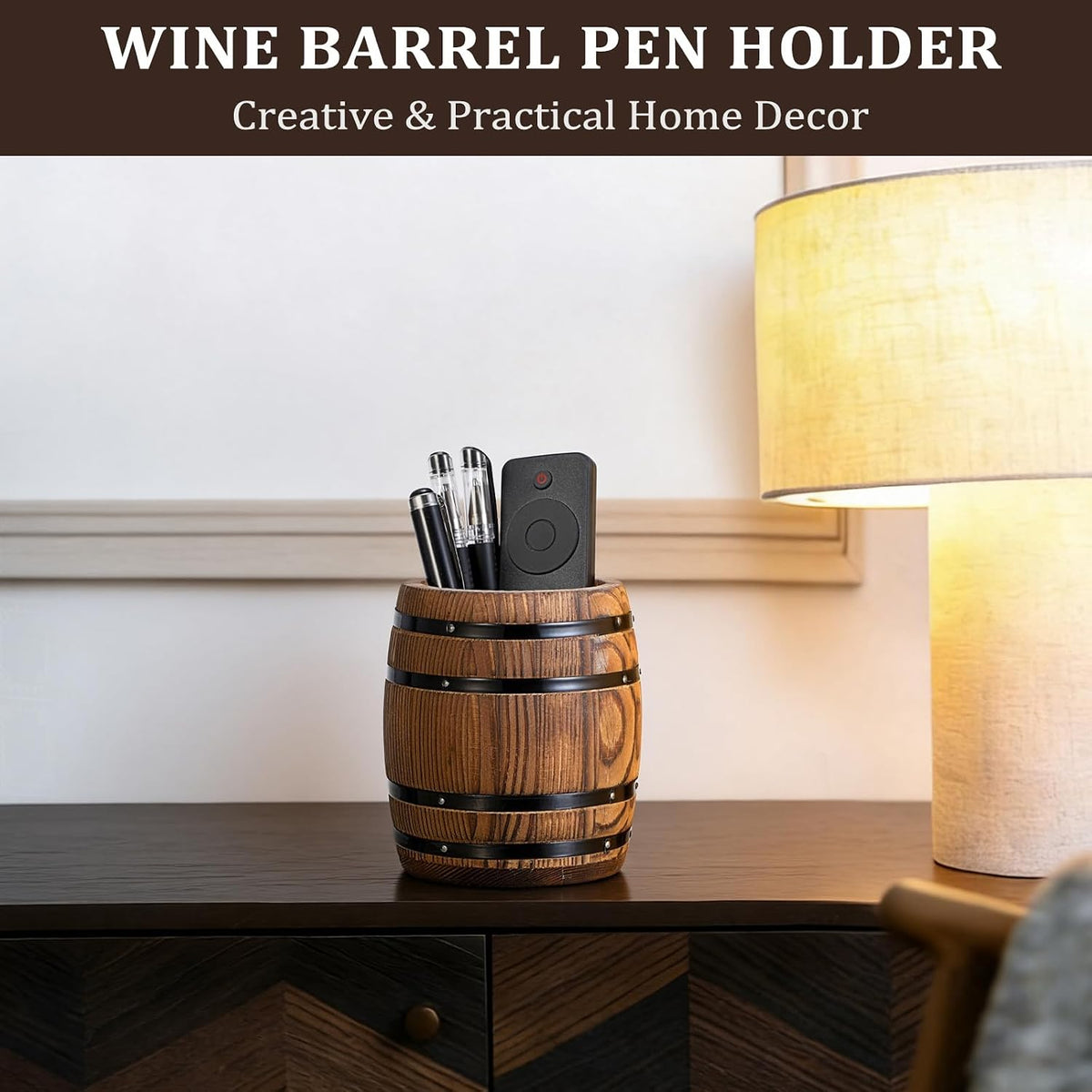 Rustic Wooden Pen Holders for Desk, Wine Barrel Shaped Pencil Cup