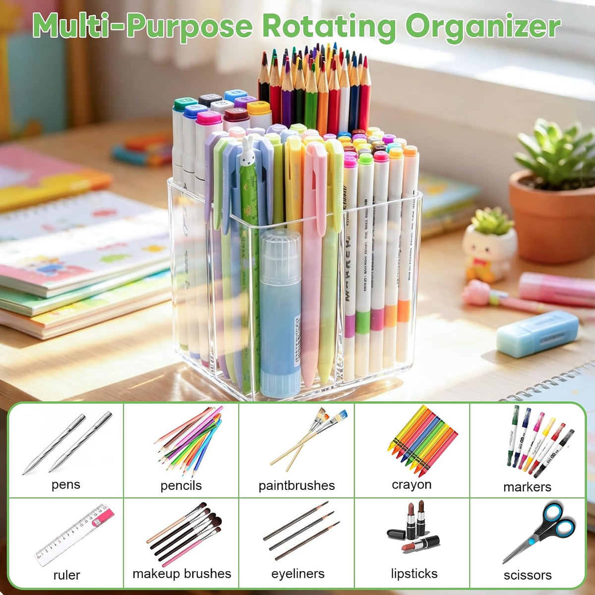 Clear Acrylic Pen Holder, 4 Compartments 360°Rotating Desk Organizer