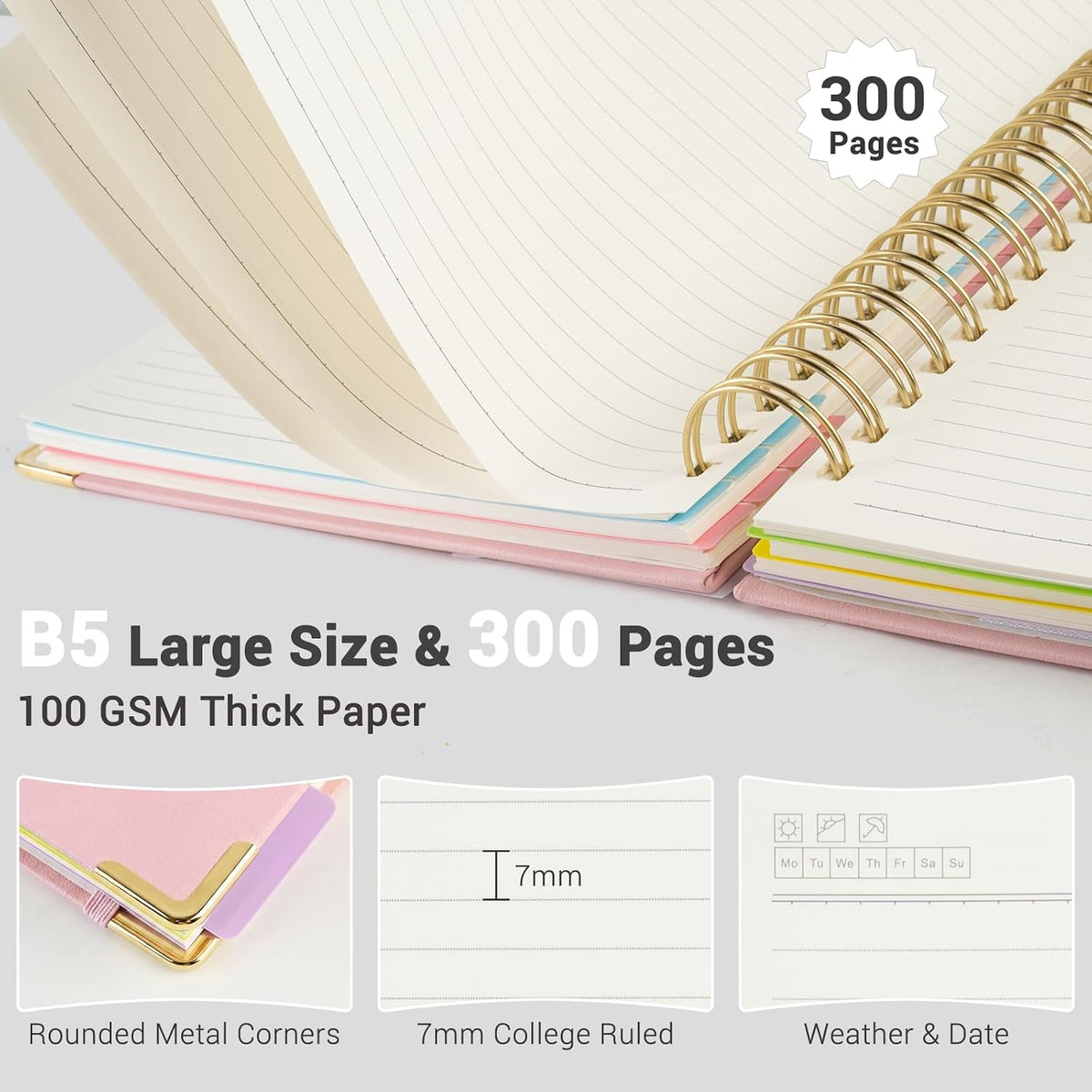 Hardcover Spiral Notebook, 5 Subject Notebook College Ruled 300 Pages