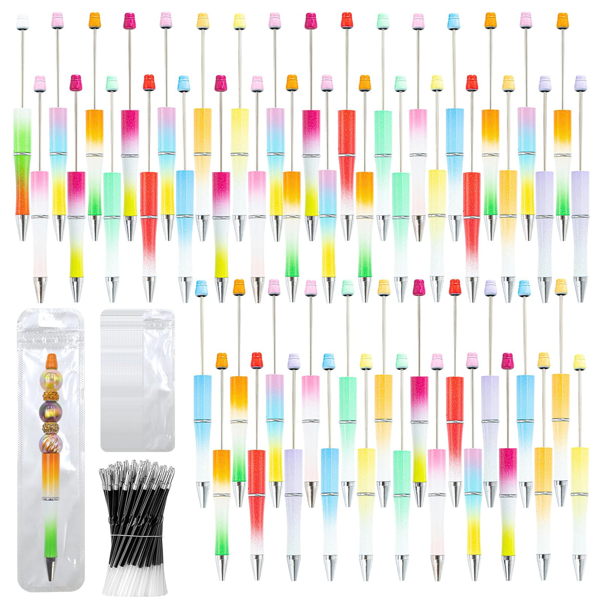 150 Pieces DIY Beadable Pen Kit – 50 Plastic Ballpoint Pens with Refills & Bags