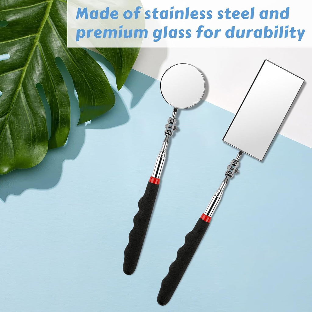 Telescoping Inspection Mirror, 2 Pack Round & Rectangular Mechanic Mirrors