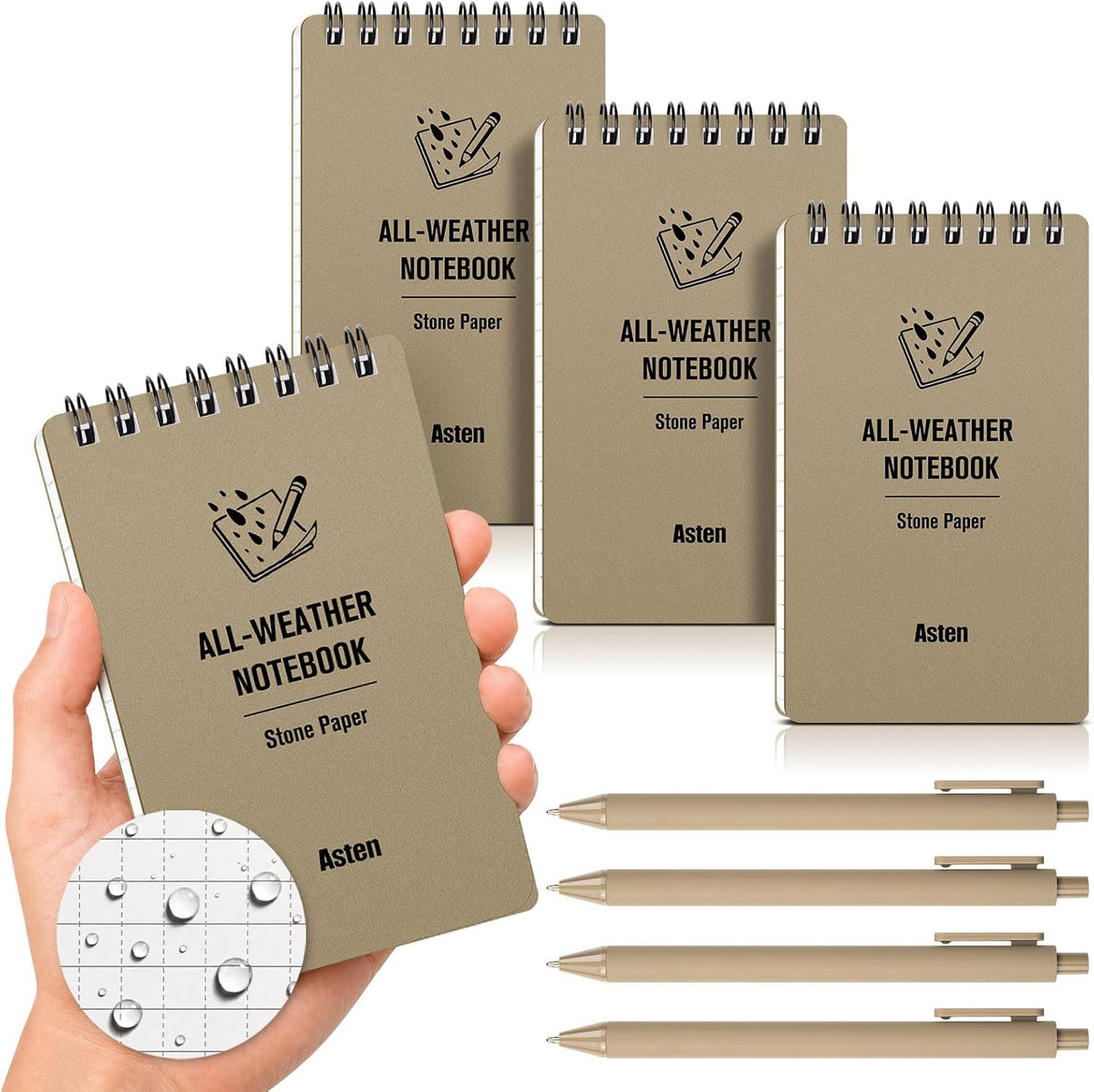 Asten Small Notebook Waterproof Notepad: 3" x 5" Top Spiral Notebook 4 Pack