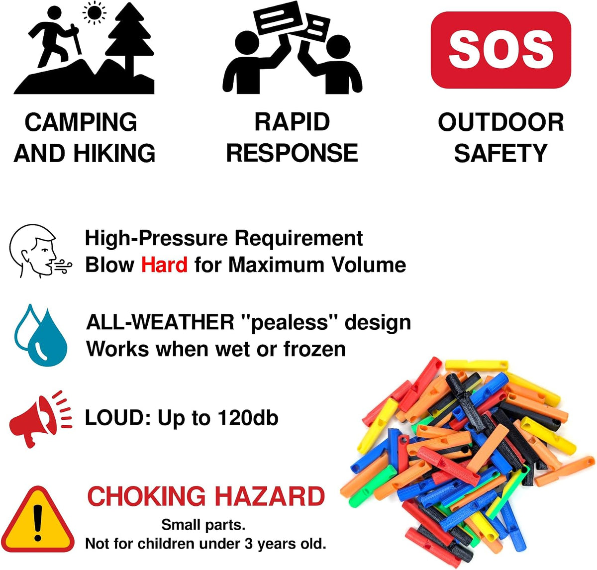 100-Pack 3D Printed Emergency Survival Whistles - 120dB Pealess Safety Whistle with