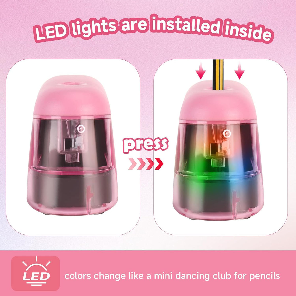 Battery-Operated Electric Pencil Sharpener with LED Light – Compact & Portable Pencil