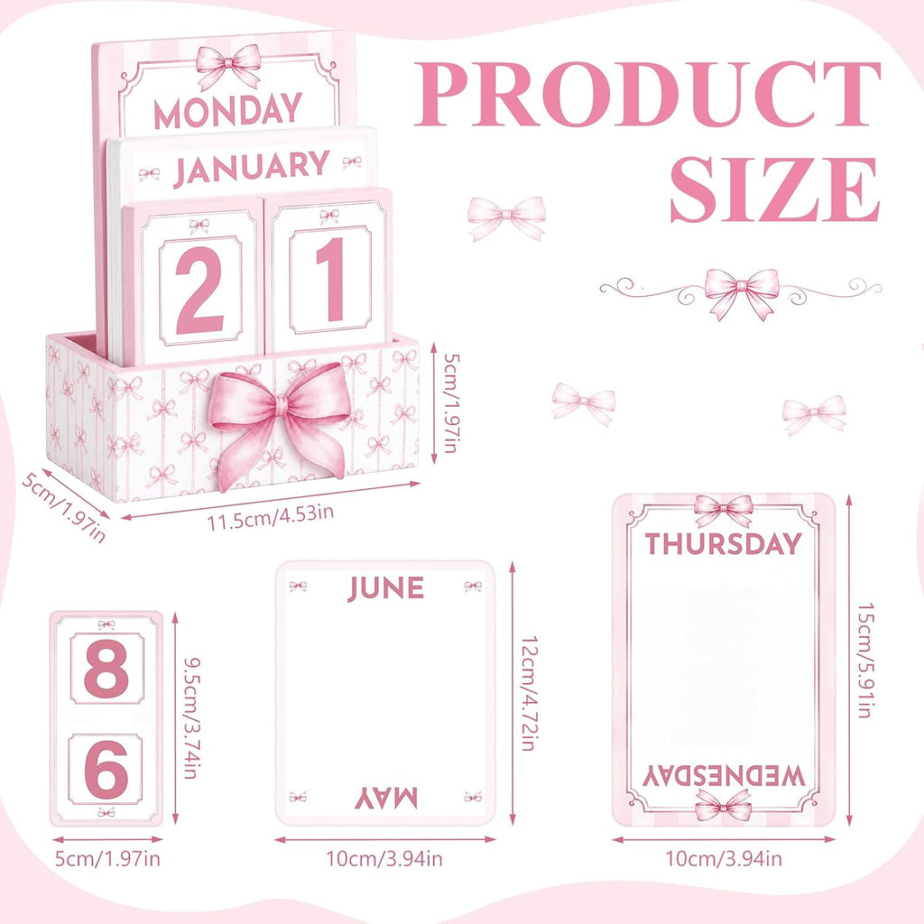Novabright Bow Wood Block Perpetual Calendar,Desk Decor, Pink