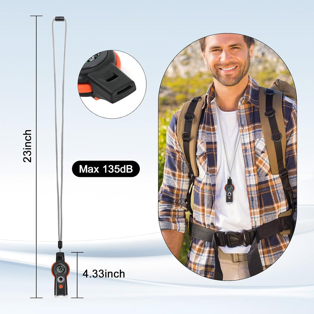 7-in-1 Emergency Survival Whistle with Lanyard, Safety Whistle with Compass