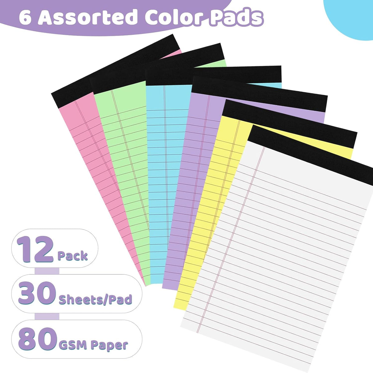 Thboxes 12 Pack 5x8 Legal Pads, College Ruled 6 Colors Totally 360 Sheets