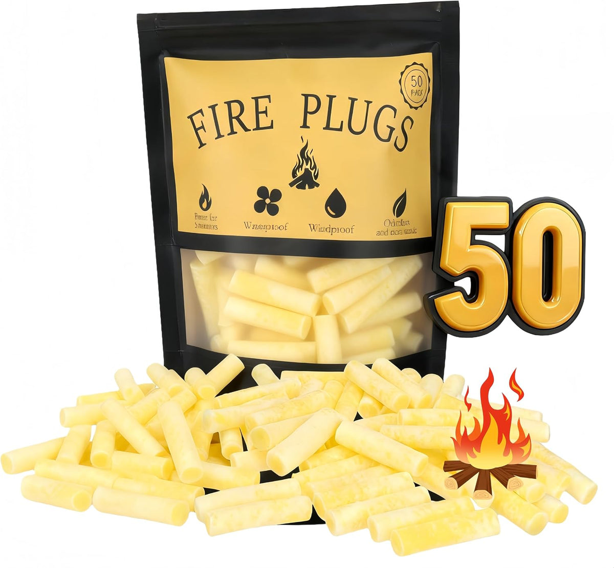 50 Pack-Fire Plugs, Weatherproof Fire Starters for Emergencies
