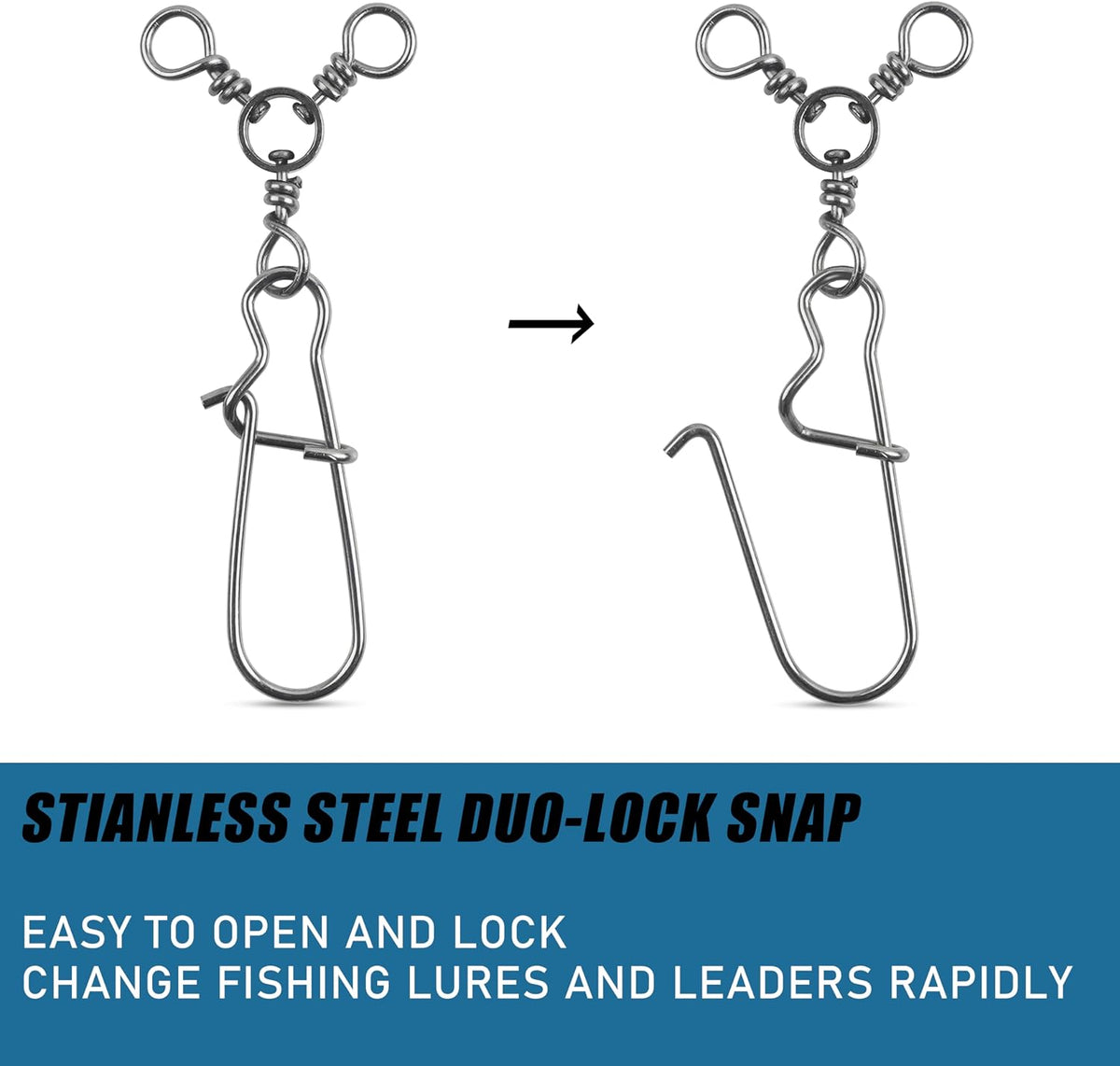 3 Way Snap Swivels 60PCS Fishing Swivel Tackles with Stainless Steel Duo Lock Snaps