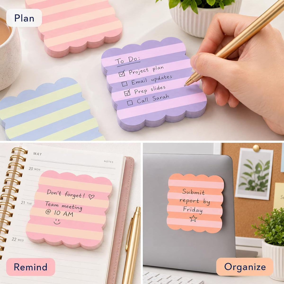 JarThenaAMCS 18 Pack Scalloped Sticky Notes, Colorful Pastel Stripe, 3 Inch