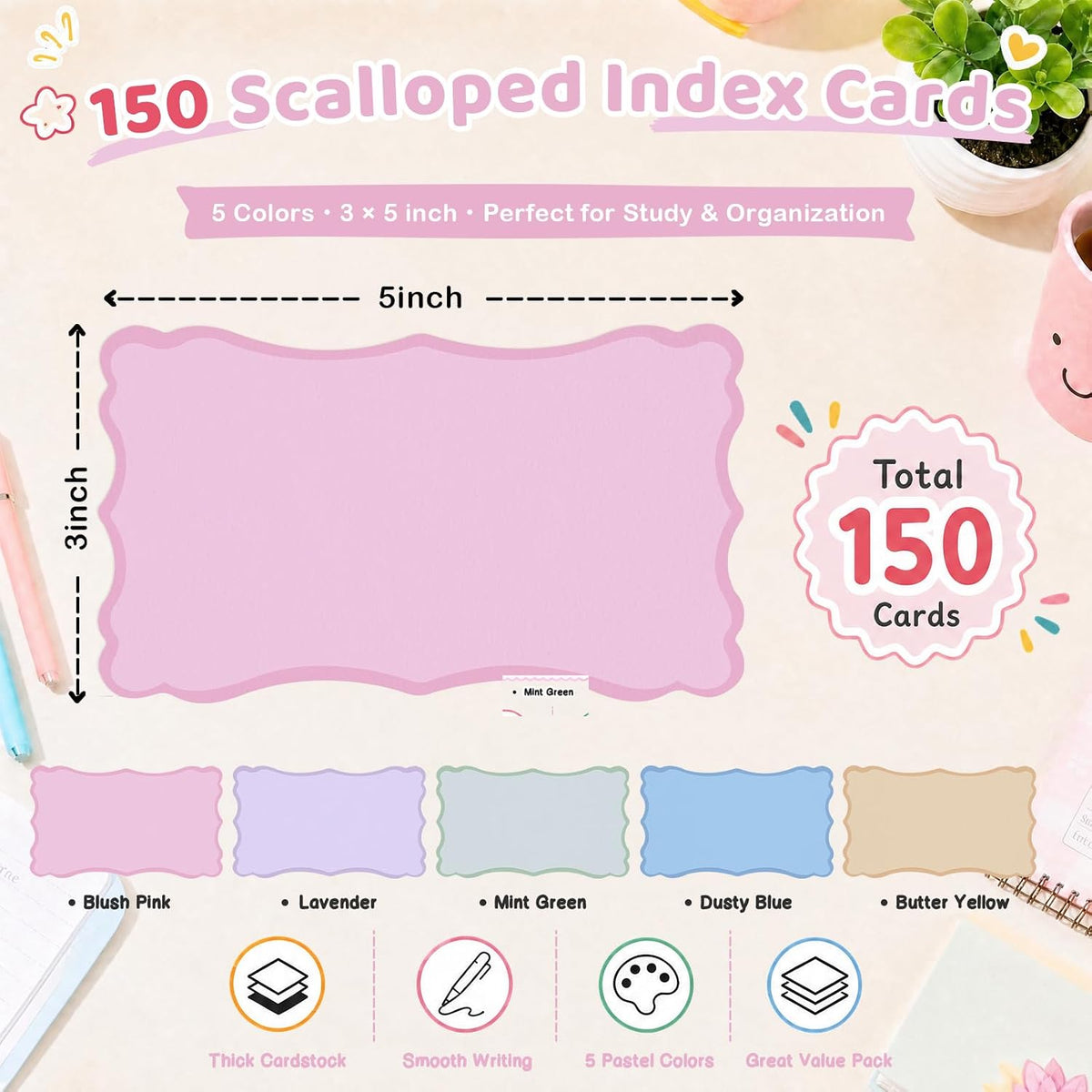 150 Pack Colored Scalloped Index Cards 3x5 Inch Blank Decorative Notecards
