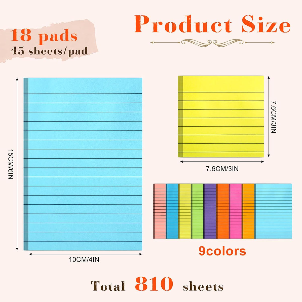 18 Pack Lined Sticky Notes, 9 Bright Colors Self-Stick Note Pads