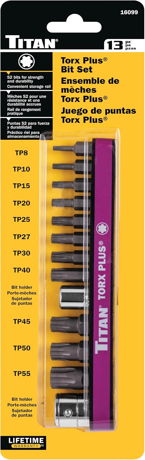 Titan 16099 13-Piece Torx Plus Bit Set, Includes Sizes TP8 to TP55 plus 1/4" & 3/8" Bit