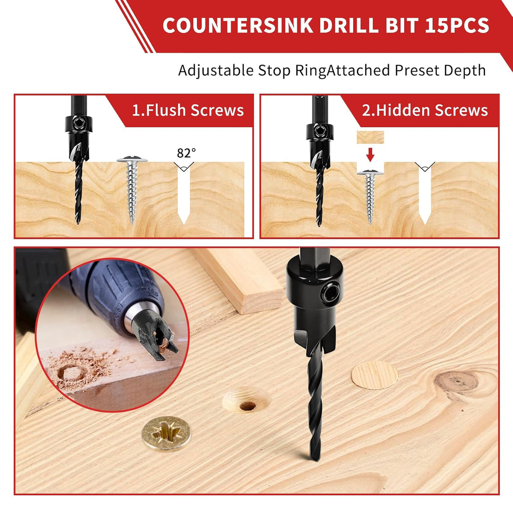 Countersink Drill Bit Set, 15PCS Adjustable Tapered HSS Drill Bit Set for Woodworking