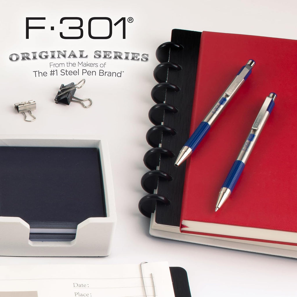 Zebra Pen STEEL F-301 Retractable Ballpoint Pen, Blue Ink, 0.7mm, 6-Pack