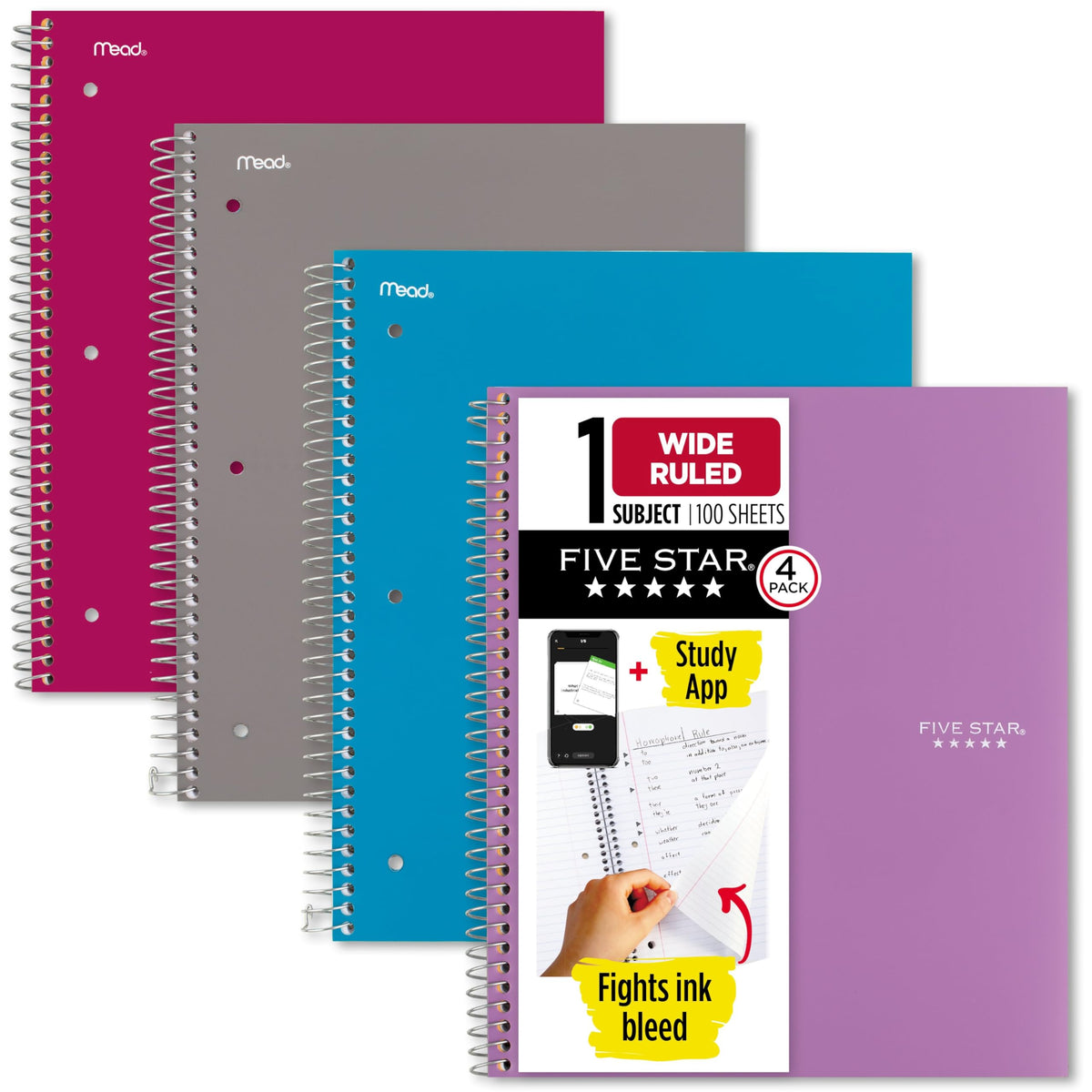Five Star Spiral Notebook + Study App, 100 Sheets, 1 Subject, College Ruled Paper