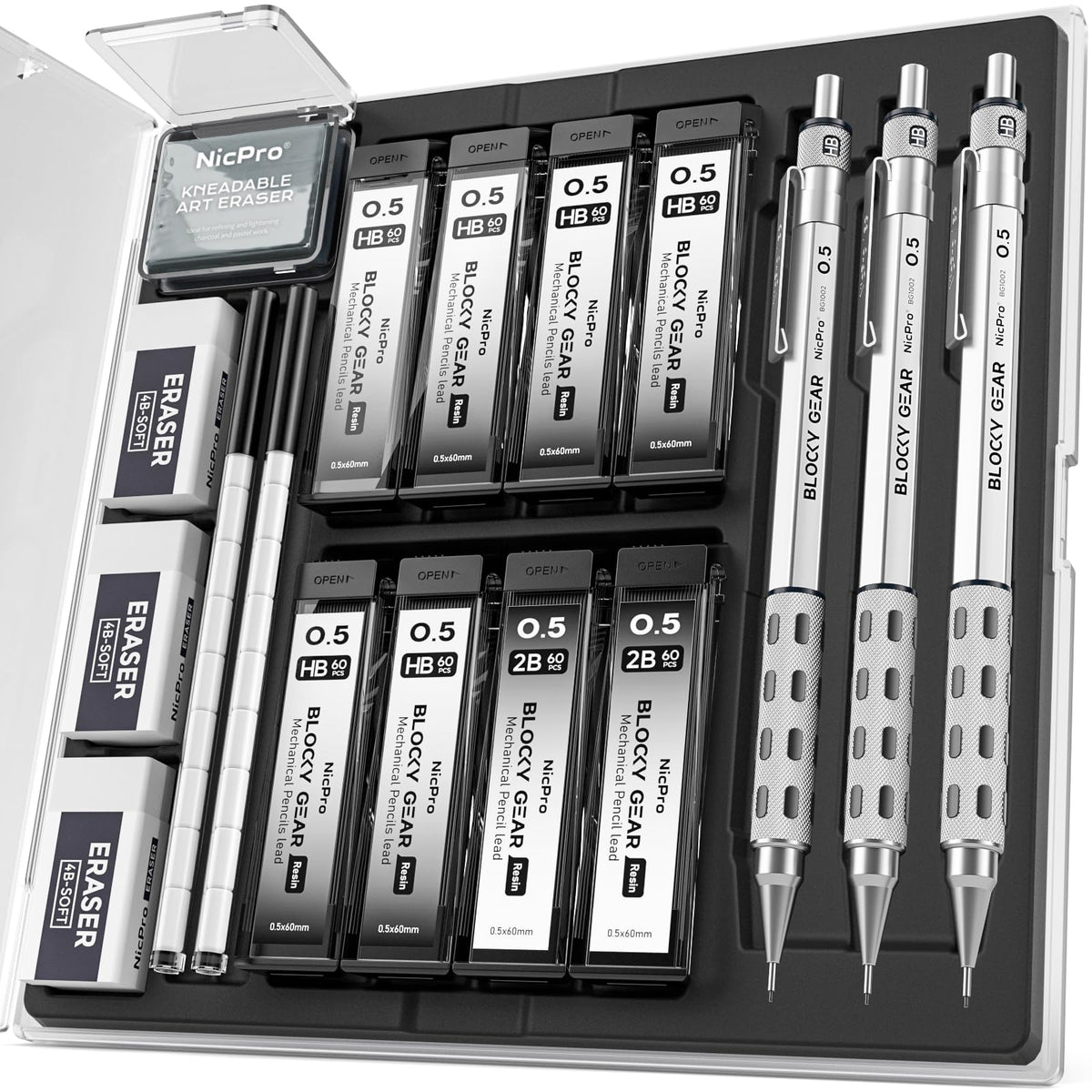 Nicpro Blocky Gear Mechanical Pencils 0.7 mm with Case, 3 Pack